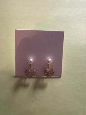 Pearl Top Gold-Tone Heart Drop Earrings with Pink Crystals